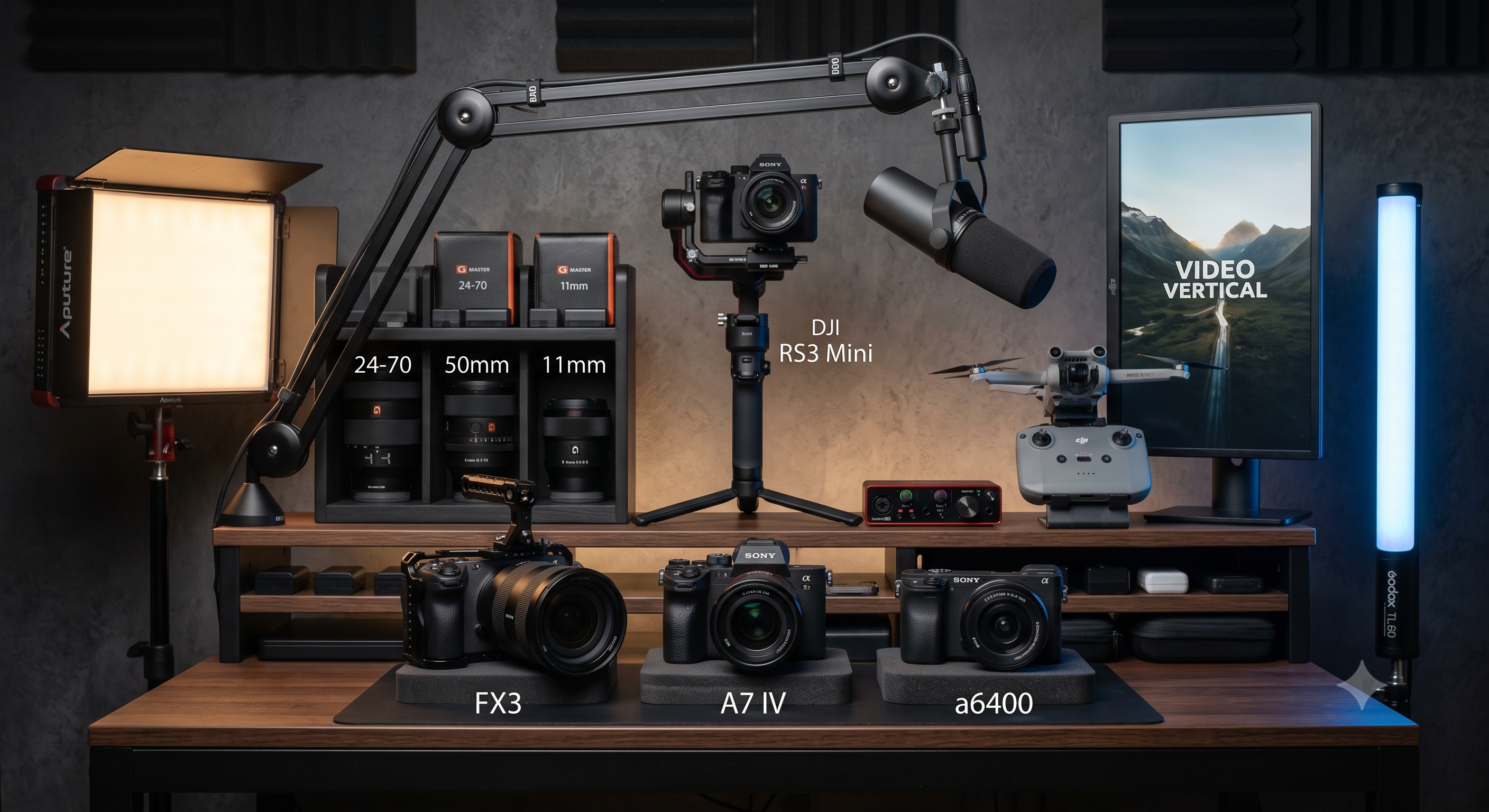 Equipo de cine: cámara, lentes, gimbal e iluminación